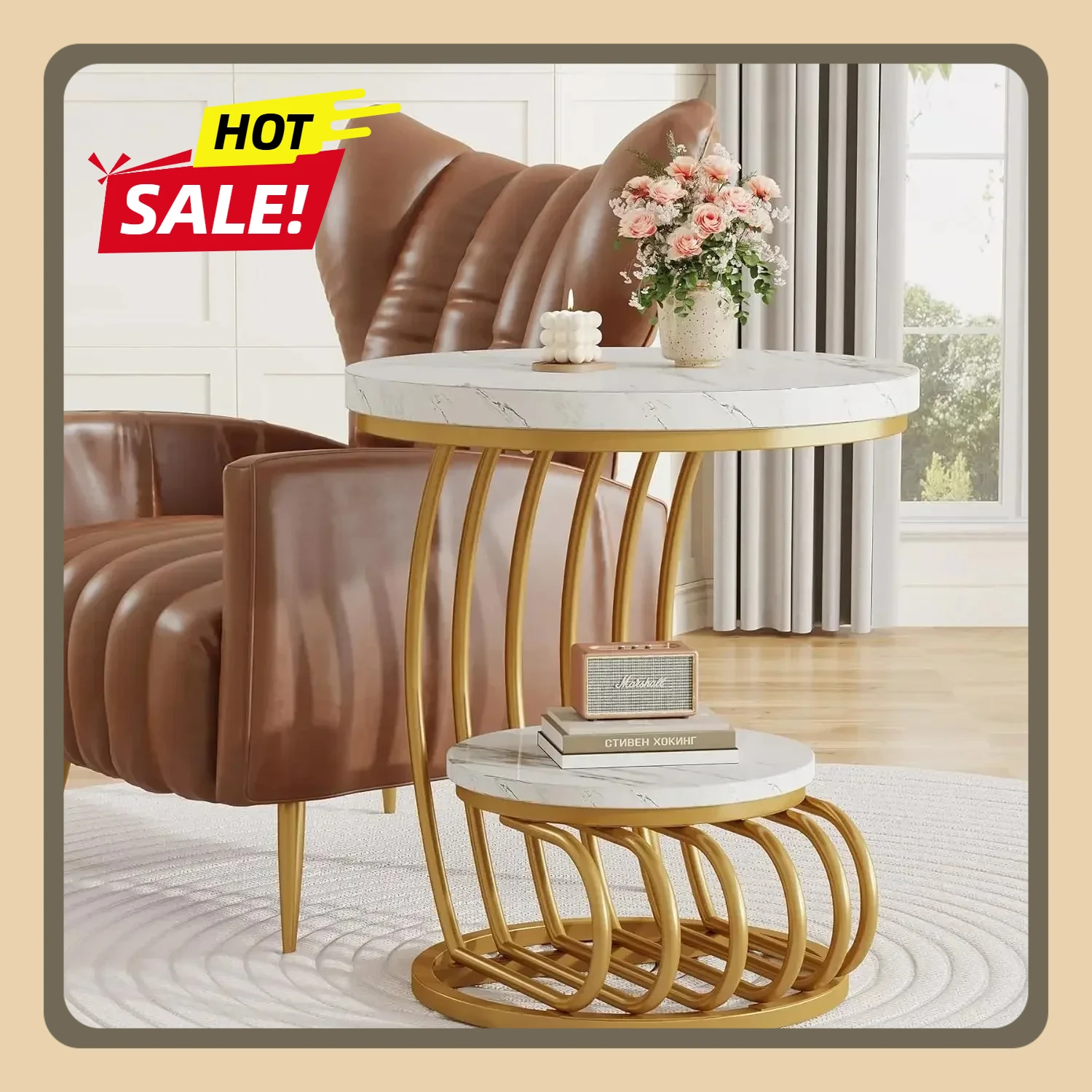 

2 Tiers Gold Round End Table, Faux Marble Side Table with Storage Shelf, Metal Arc-Shaped Frame, White Gold Bedside Nightstand