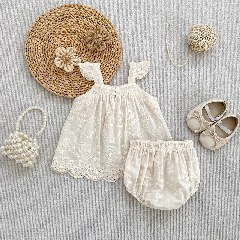 2026 Sommer-Träger-Set für Kinder 0-24M: Besticktes Gitter-Träger-Top + Shorts, Zweiteiliges Süßes Baby-Mädchen-Kleidungsset, Babykleidung – Detail 5