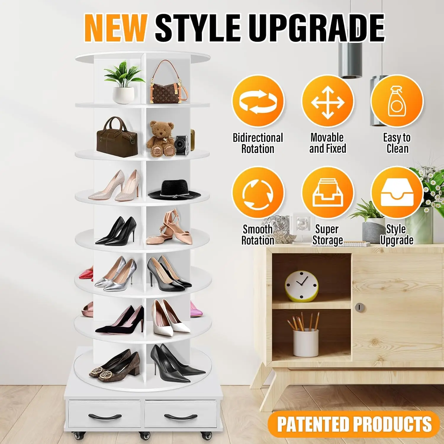 Rak Sepatu Berputar 8 Tingkat dengan 2 Laci, 360 °   Karusel Penyimpanan Berputar dengan Roda & Rem