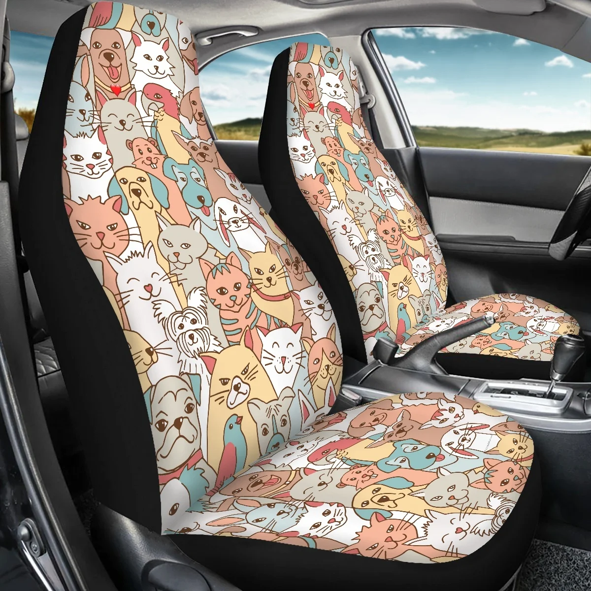 Autos itz bezüge Set Unisex niedlich bunt Cartoon Hund Muster weich Auto Front Set Universal Fit Fahrzeug LKW Van Auto Zubehör