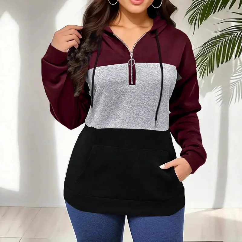 Women's European and American Style Winter New Style Versatile Casual Loose Color Block Drawstring Zip Hooded Sweatshirt