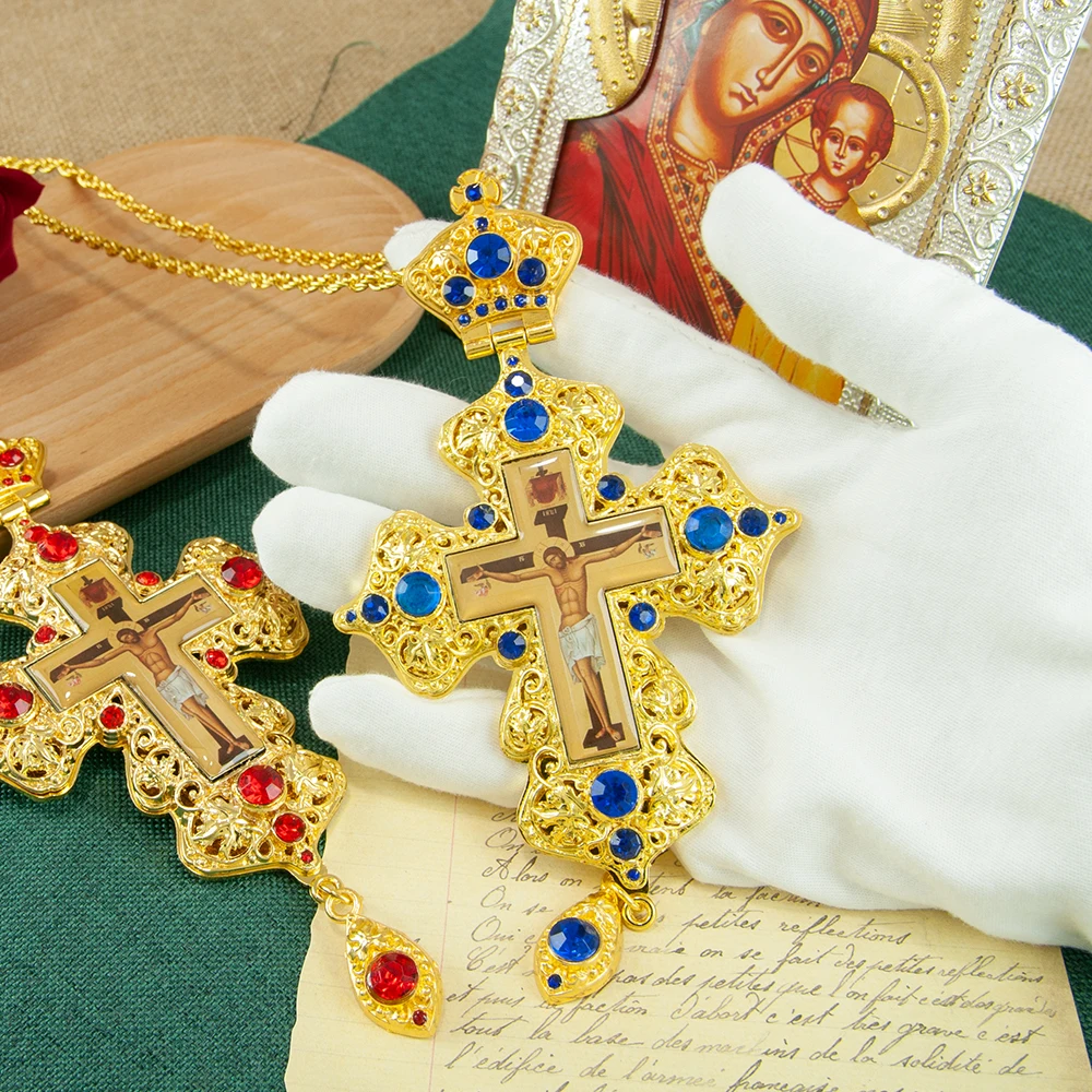 Gold Plated Orthodox Pectoral Cross Necklace with Crown, Multicolor Gems and Jesus Icon for Christian Clergy Liturgical Wear