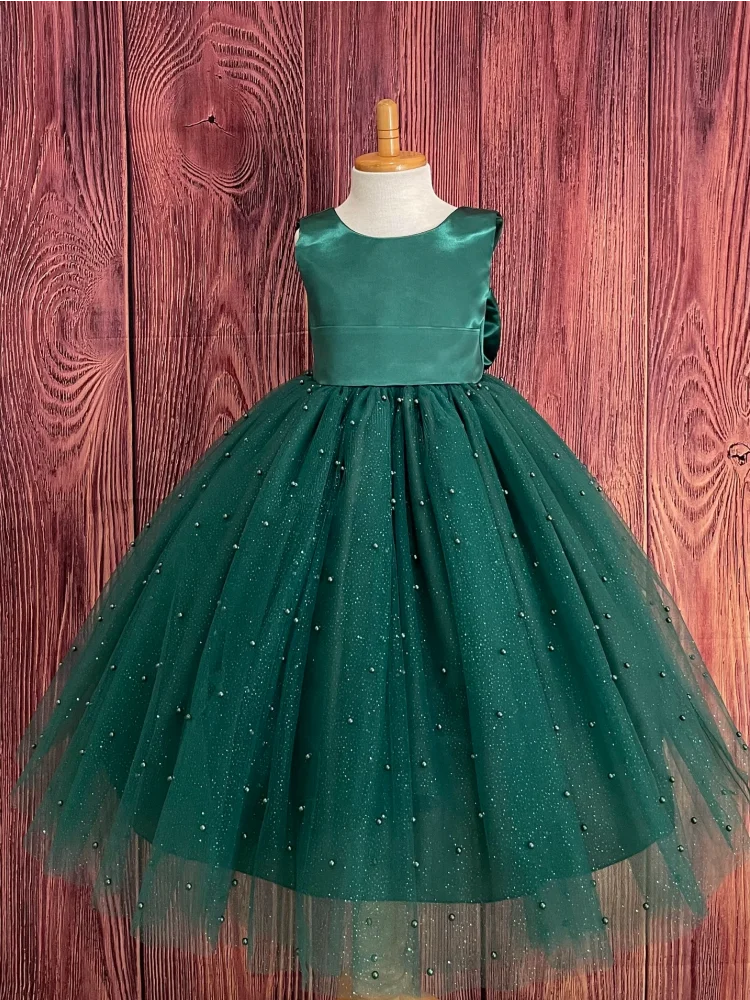 Flower Girl Dresses Green Satin Top Tulle Puffy Sequin With Pearls And Bow Sleeveless For Wedding Birthday Banquet Princess Gown