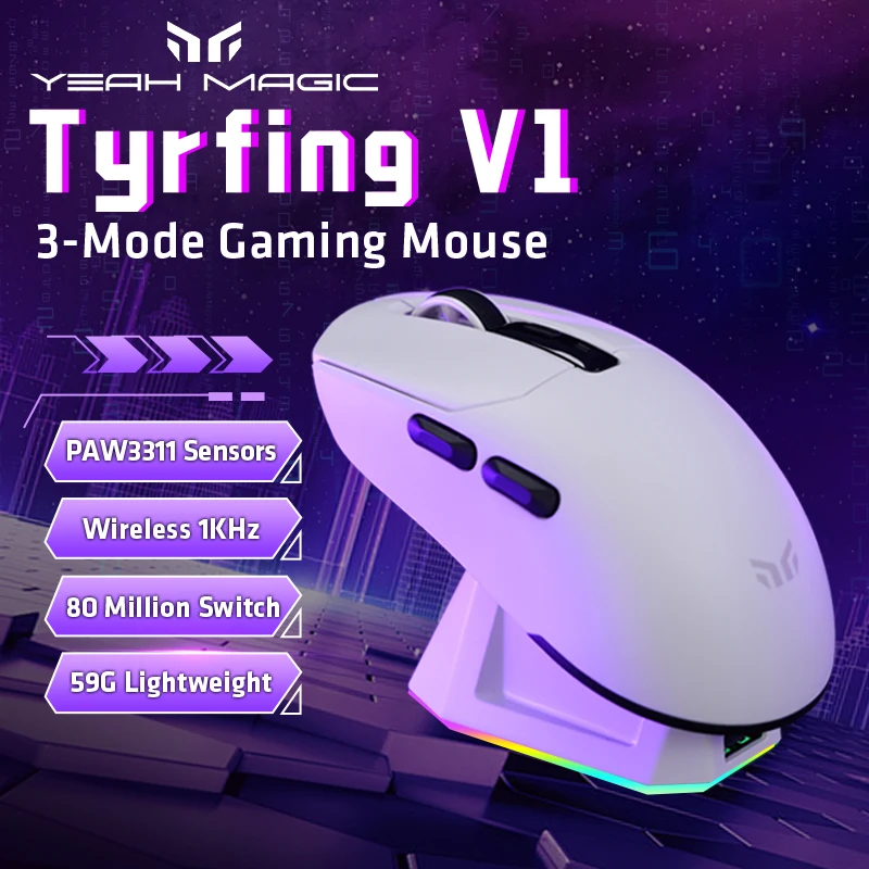

Yeah Magic Tyrfing V1 Wireless Gaming Mouse PAW3311 1KHz Rechargeable with Charging Dock PC Gamer Mice for APEX Valorant