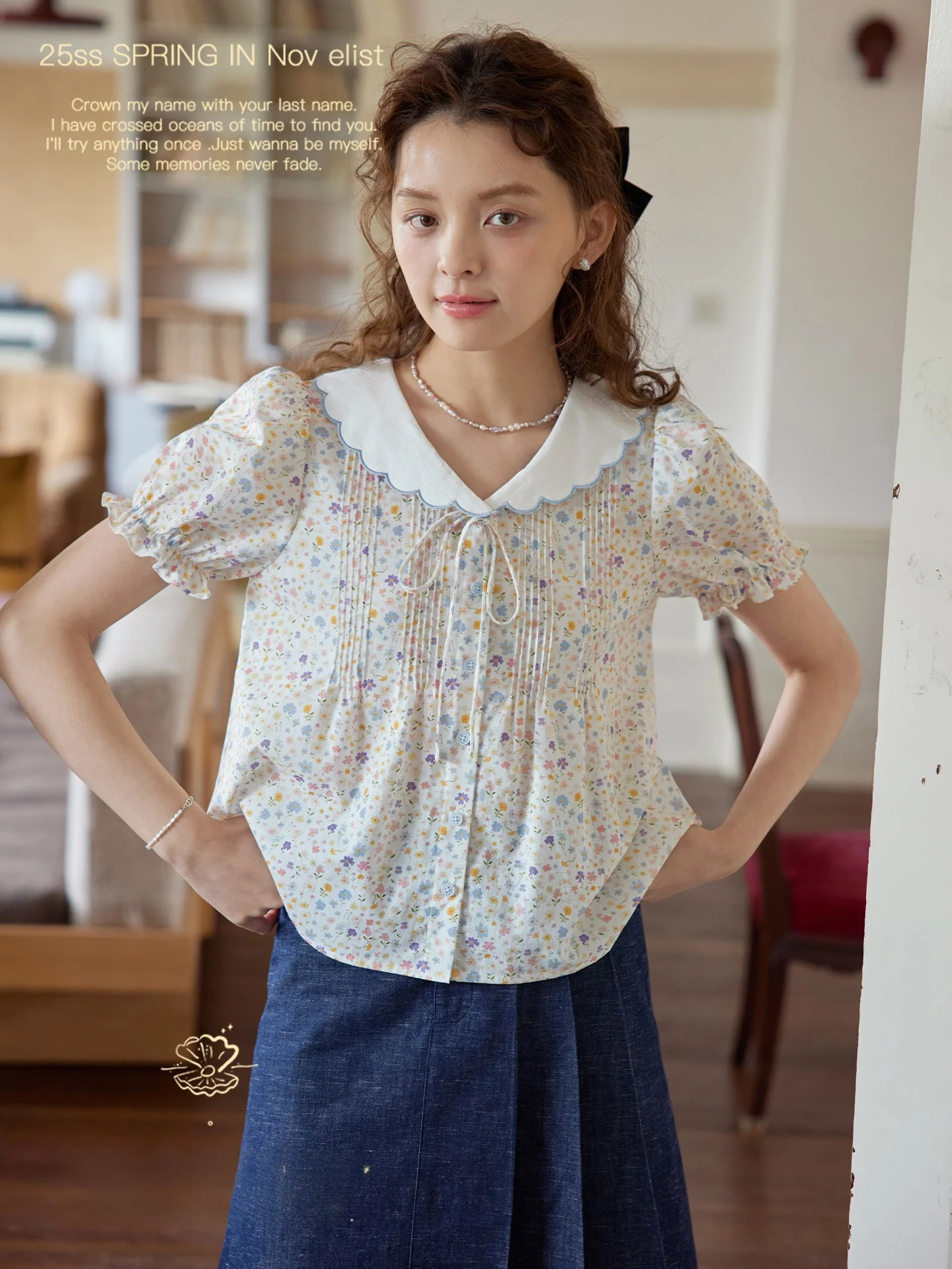 

Nov Et Naval Collar Embroidered Bubble Sve irt Women's Floral Print Cotton Casual irt Vintage Sle ort Sve