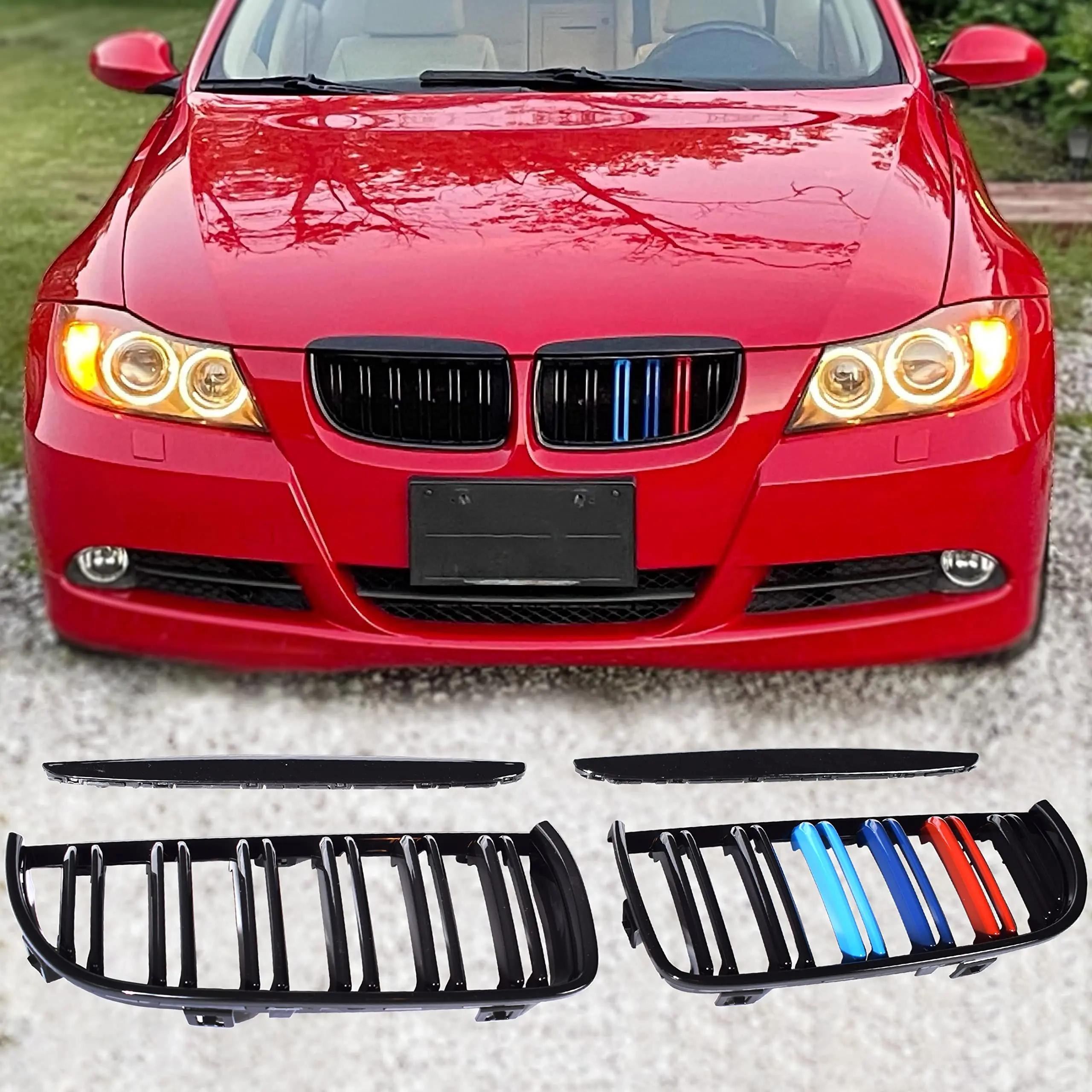 Image of E90-Kühlergrill, Klavierschwarz, vorderer Nierenstoßstangengrill für BMW 2005–2008, 3er-Serie, 4-Türer-Limousine, E90 Wagon E91, 2-Slatten, M-Farbe