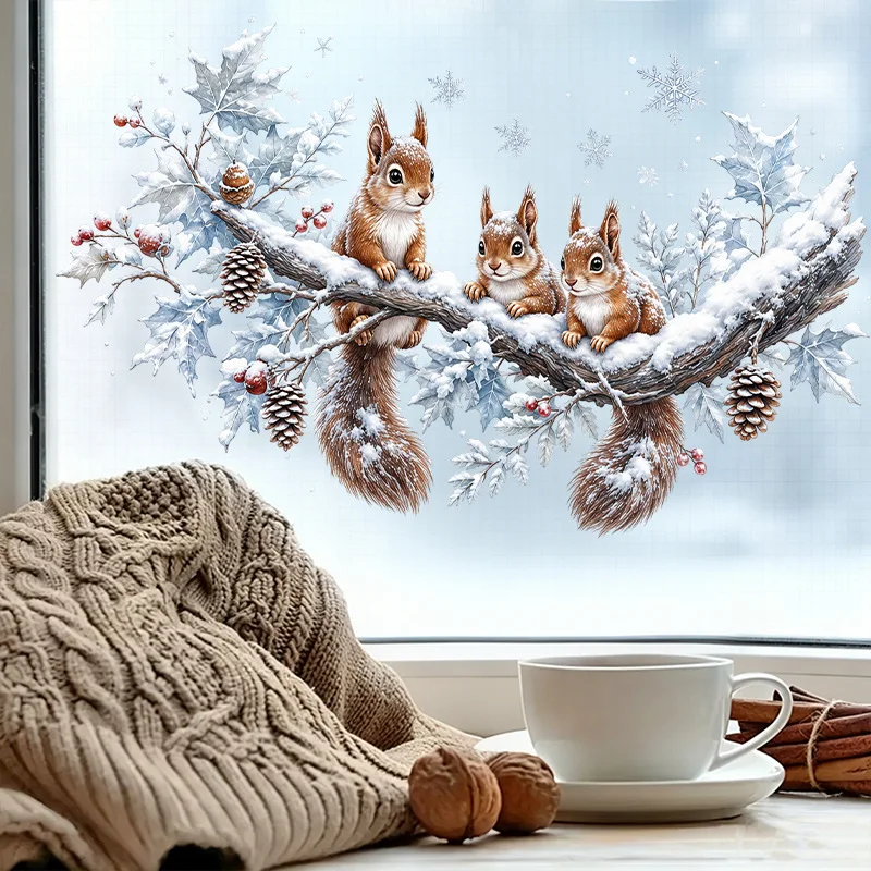 Christmas Static Window Clings Cute Squirrel Winter Snow Scene Glass Decals No-Glue for Holiday Home Window Decor