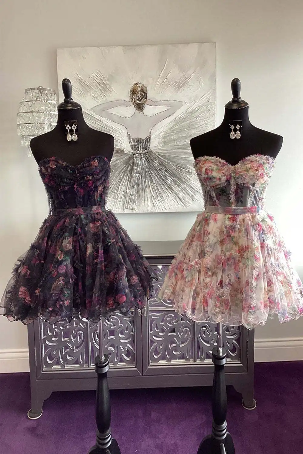 Floral Print Strapless Short Tulle Homecoming Dress A Line Cocktail Dresses Illusion Corset Bodice Wedding Dresses