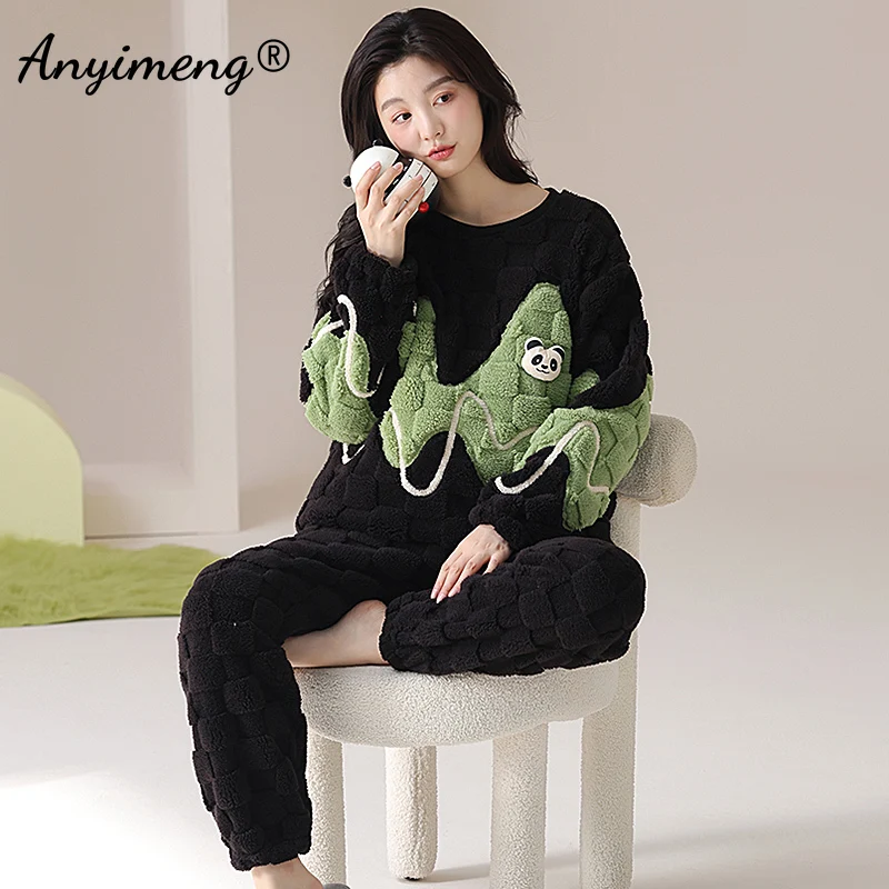 Winter Soft Flannel Pajama Sets Panda Print Pajama Round Neck Long Sleeve Pijamas Women Two Piece Set Homewear Cartoon Pjs