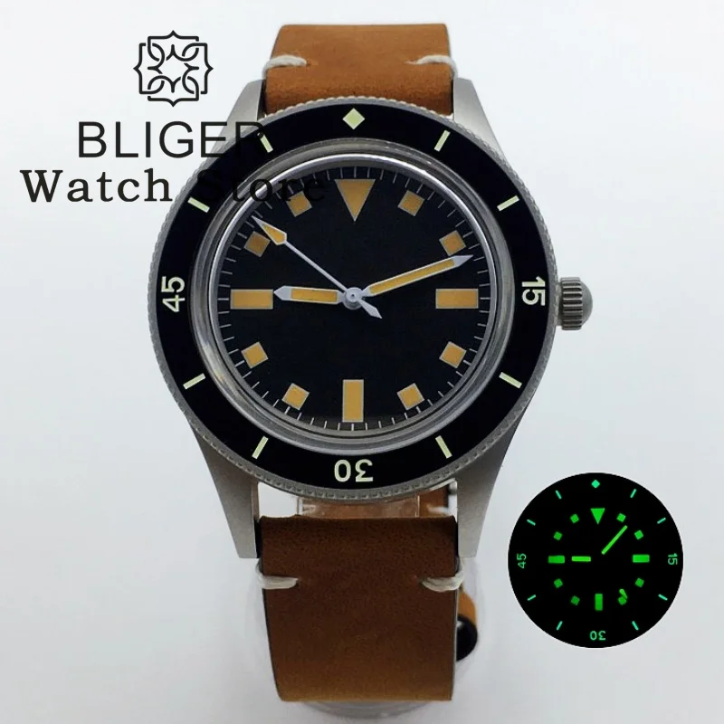 BLIGER 40mm Vintage 50 FATHOMS Automatic Diver Watch For Men NH35 PT5000 Movt Dome Sapphire Glass Sandblast Case Leather Strap