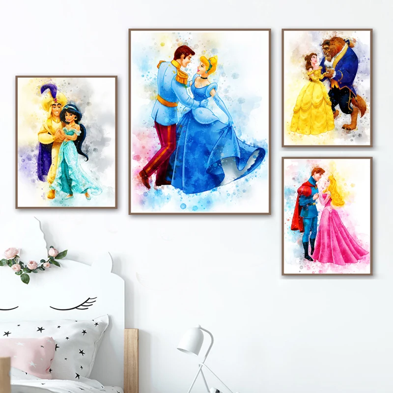 Watercolor Disney Princesses & Princes Art Painting Beauty and the Beast Cinderella Anime Couple Poster Canvas Prints Wall Decor