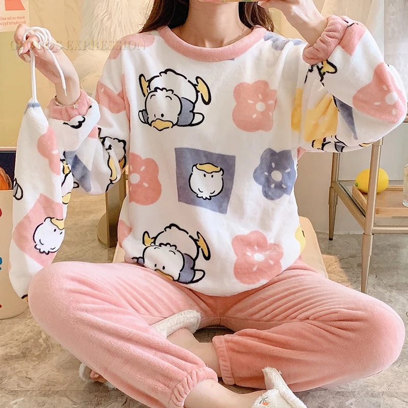 Winter Flannel Young Women\'s Pajamas Sets Classic Dots Printed Duck Sleepwear Velvet Homewear Kawaii Girls Pijamas Mujer Pyjama