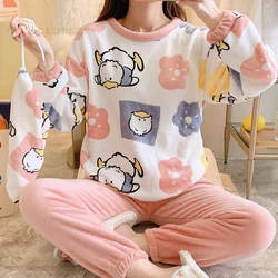 Winter Flannel Young Women's Pajamas Sets Classic Dots Printed Duck Sleepwear Velvet Homewear Kawaii Girls Pijamas Mujer Pyjama