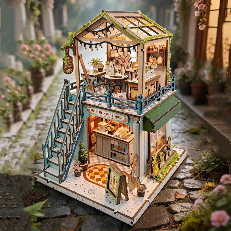 DIY Wooden Ivy Street Flower Shop Cottage Figurines Miniatures Kits Mini Casa for Friends Birthday Gifts Home Decor Crafts