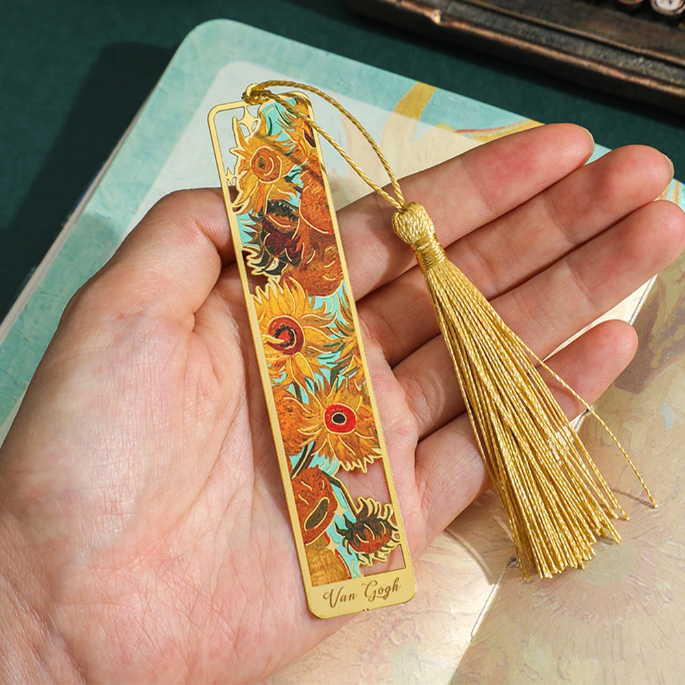 Metal Sunflower Hollow Bookmark Chinese Style Creative Painted Book Holder Tassel Pendant Kids Stationery School Office Supplies