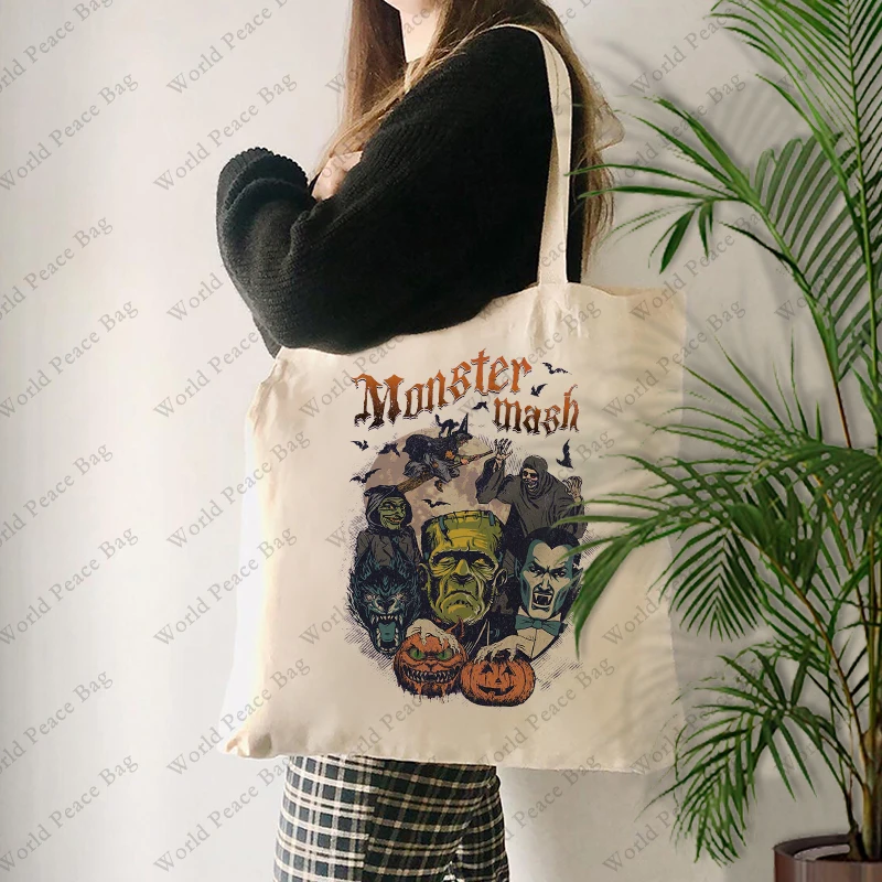 1 pc Halloween pattern Tote Bag Canvas Shoulder Bag For Travel Daily Commute Women's Reusable Shopping Bag