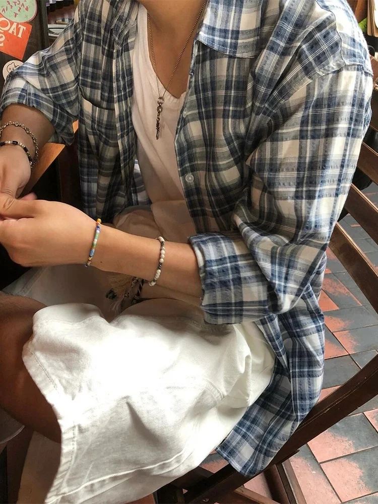 Blue Plaid Long Sleeve Vintage Shirt Men's Spring Autumn Trendy High-End Feeling Collared Shirt American Retro Outerwear