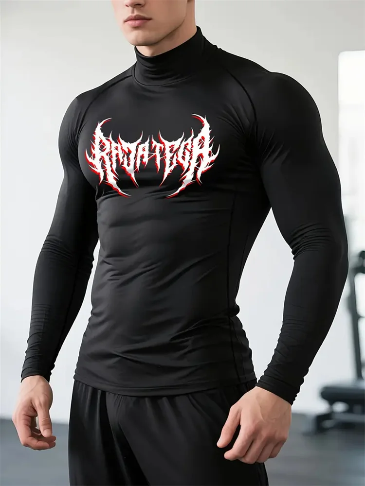 Men's Gothic Print Quick-drying Tight Long-sleeved T-shirt Fitness Training Stretch Top Spring and Autumn High-neck T-shirt