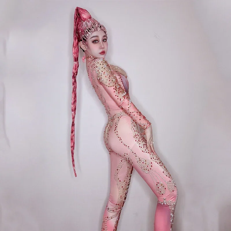 จั๊มสูทประดับเพชรพลอยสีชมพู ชุดเซ็กซี่สำหรับงานปาร์ตี้ งานเทศกาล ชุดสำหรับผู้หญิง ชุดนักเต้นดีเจ ชุดนักเต้นโกโก้ ชุดแสดงบนเวที ชุดเรฟ ไซส์ XS6000