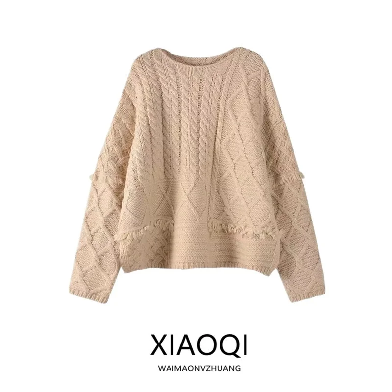 

2024 Winter Thiened round Ne Sweater Women's Slimming Versatile Tassel Asymmetrical Knitted Long Sve V-ne Sweater