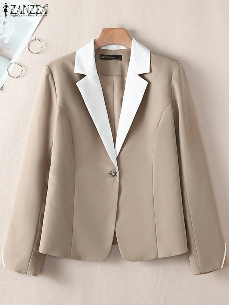حجم كبير 5XL ZANZEA المرأة السترة الرسمية خمر Colorblock الخصر معاطف مكتب سيدة كم طويل جاكيتات أزرار رقيقة أبلى