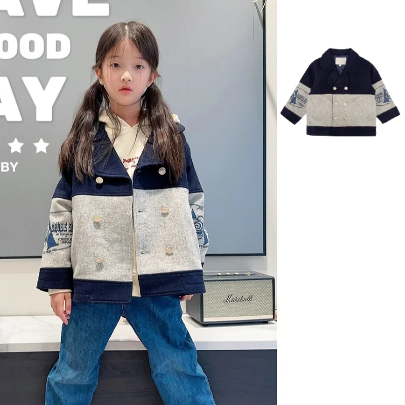 

Girls' Coat 2025 Winter New Grey Splicing Fashionable Thickened Children's Wool Coat with Cotton Clip Warm Collar Girls' Jacket