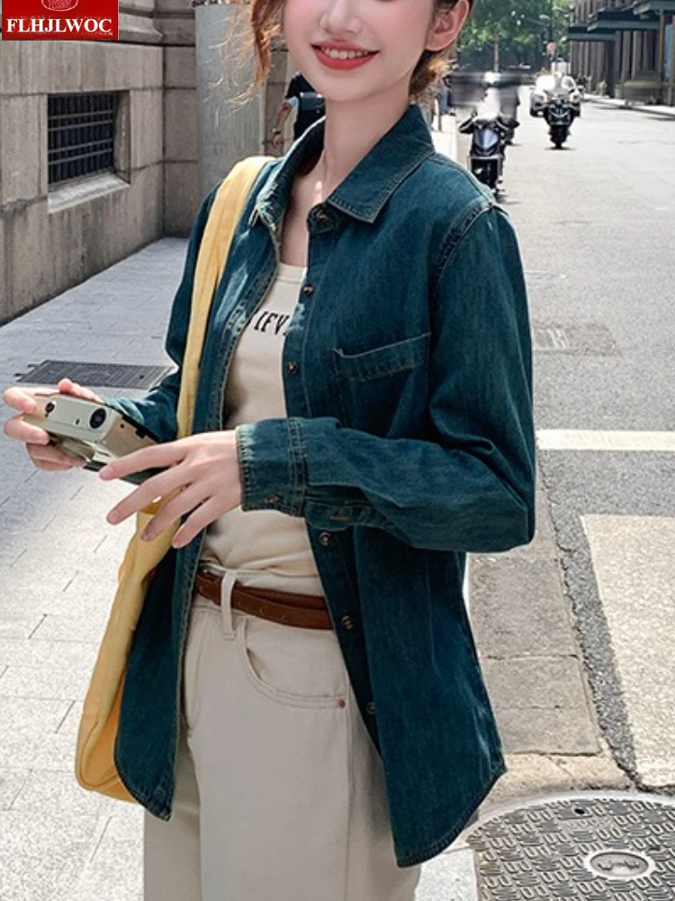 الأوروبي الرجعية الدنيم القمم ملابس خارجية فضفاضة السنة الجديدة الربيع المرأة طويلة الأكمام عادية خمر الوقوف طوق الأزرق الجينز قمصان دينيم #5