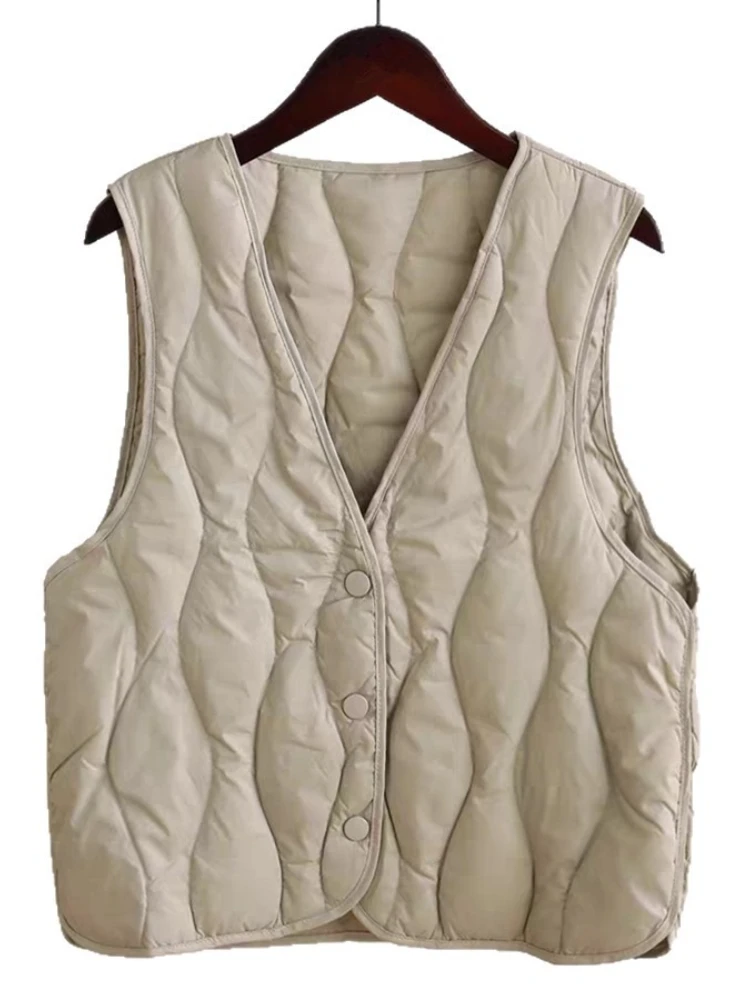 여성용 가벼운 다운 베스트 재킷 가을 겨울 짧은 마름모꼴 V넥 민소매 따뜻한 코트 90 화이트 덕 푸퍼 베이스 탱크탑 아우터