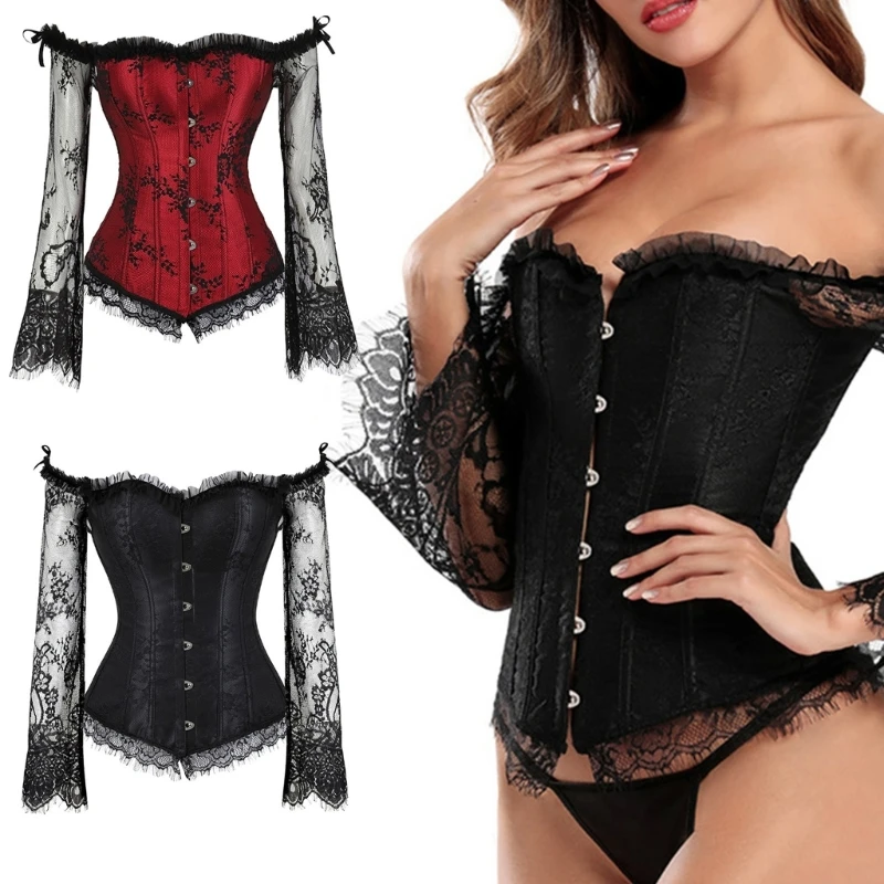 Elegant Corset Vest Bustier Women Lace Flower Sleeve Waist Trainer Cosplay Costume Vintage Lace Trim Camisole Cincher