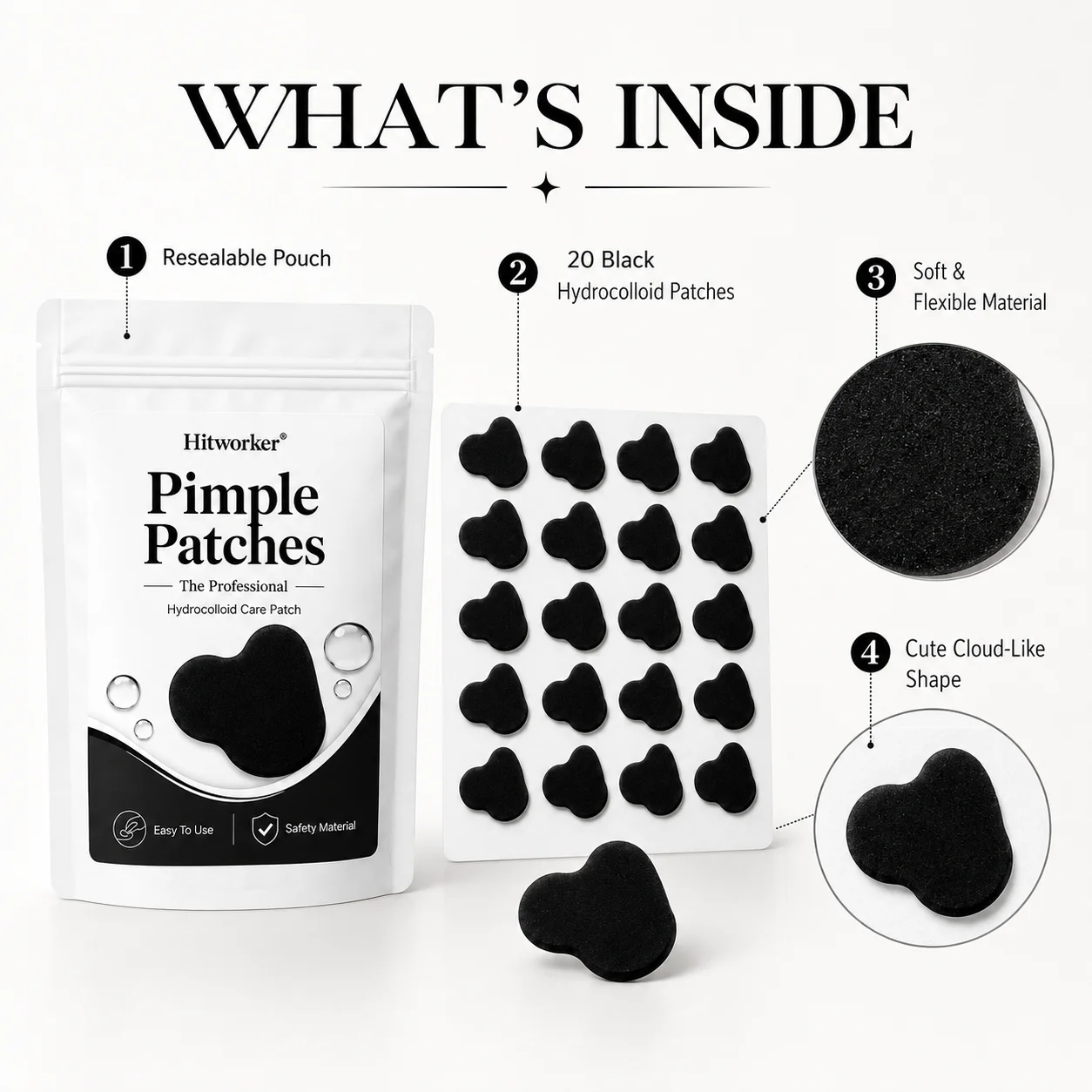 Black Hydrocolloid Pimple Patches, Cute Cloud Shape Acne Spot Stickers, Ultra-Thin Blemish Cover Patches for Daily Skincare view 6