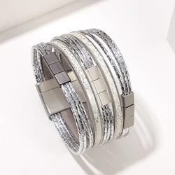 Amorcome Trendy Shiny Bright Leather Wrap Bracelets for Women Bohemian Metal Square Tube Charm Bracelet Femme Wrist Jewelry Gift
