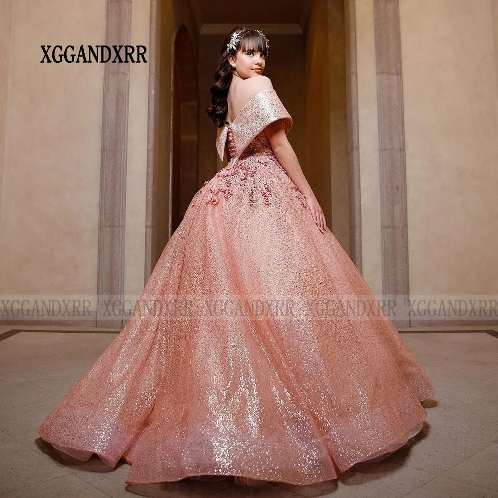 Sparkling Pink Quinceanera Dresses 2024 Lace Applique Flower Vestidos De 15 Anos Ball Gown Sweet 15 16 Vestidos 15 Anos Birthday