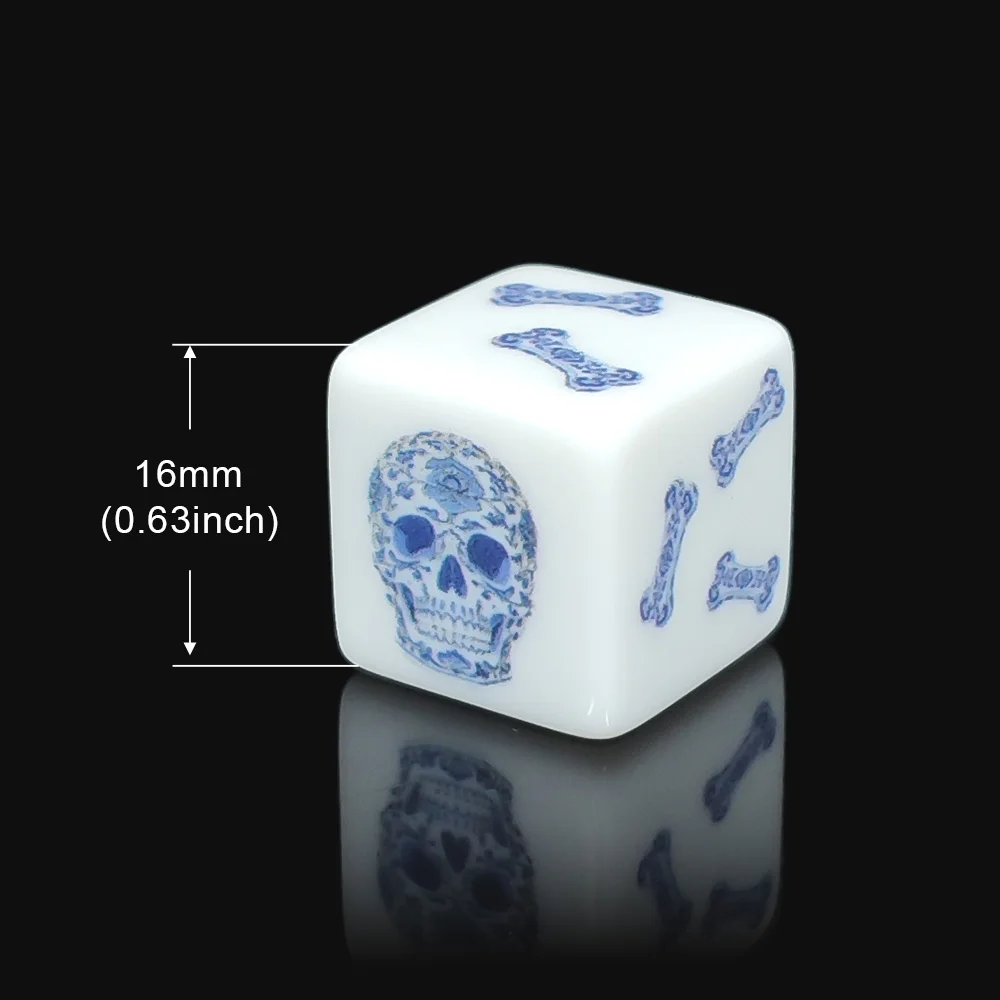 12Pcs 16MM Blue Floral Skull And Bone Print White Acrylic D6 Dice 6 Sided Game Dice For Tabletop Board Game Party Accessory view 4
