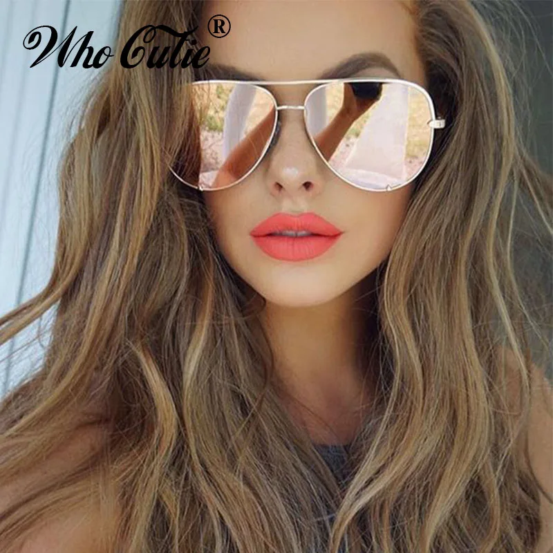 

WHO CUTIE UV400 Oversized AVIATION Sunglasses Women Brand Designer Vintage Flat Top Pink Mirror Pilot Sun Glasses Shades OM806