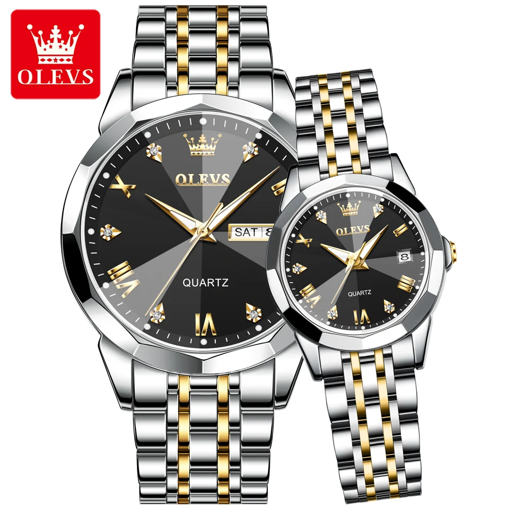 OLEVS Couple Watches Trend Fashion Fine Steel Original Quartz Wristwatch for Lover Waterproof Date Week Man and Woman Watch 9931