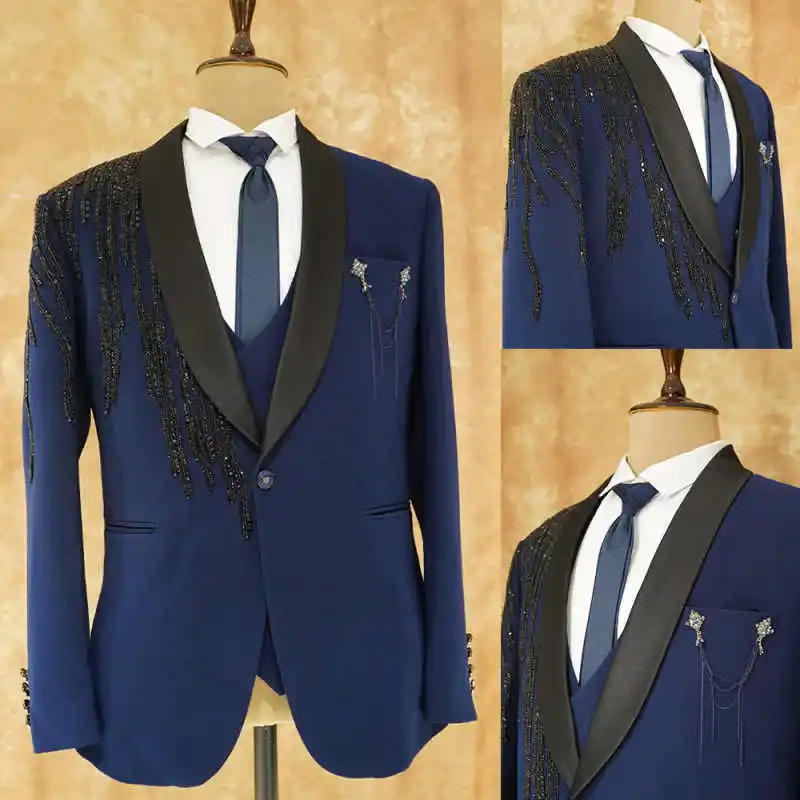 

Luxury Wedding Groom Tuxedo 1-Piece Tailored Blazer Crystals Beads Designer Evening Prom Wear Customized Trajes Para Hombre