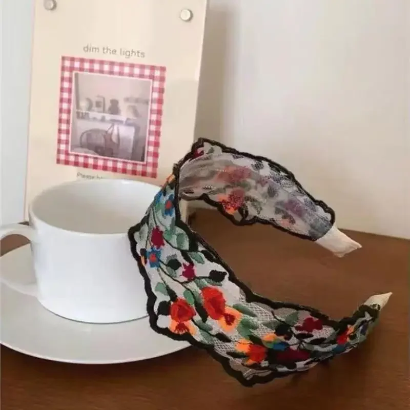 우아한 시폰 자수 꽃 머리띠 – 달콤한 꽃무늬 머리 스카프 헤어 타이 여성 패션 헤어 액세서리