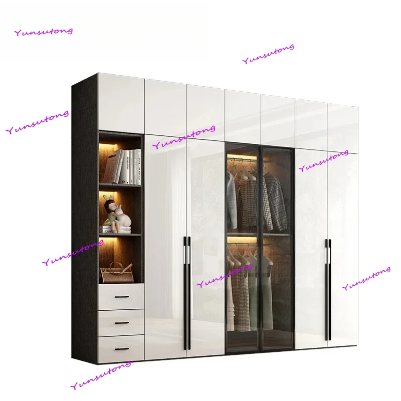 

Modern minimalist light luxury high-gloss wardrobe bedroom swing door Nordic large wardrobe locker glass door closet