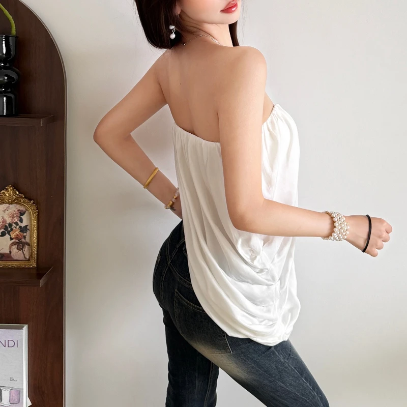 2026 Summer New Solid Color Streamlined Heart-shaped Collar Pleated Design Cotton Strapless Top for Women