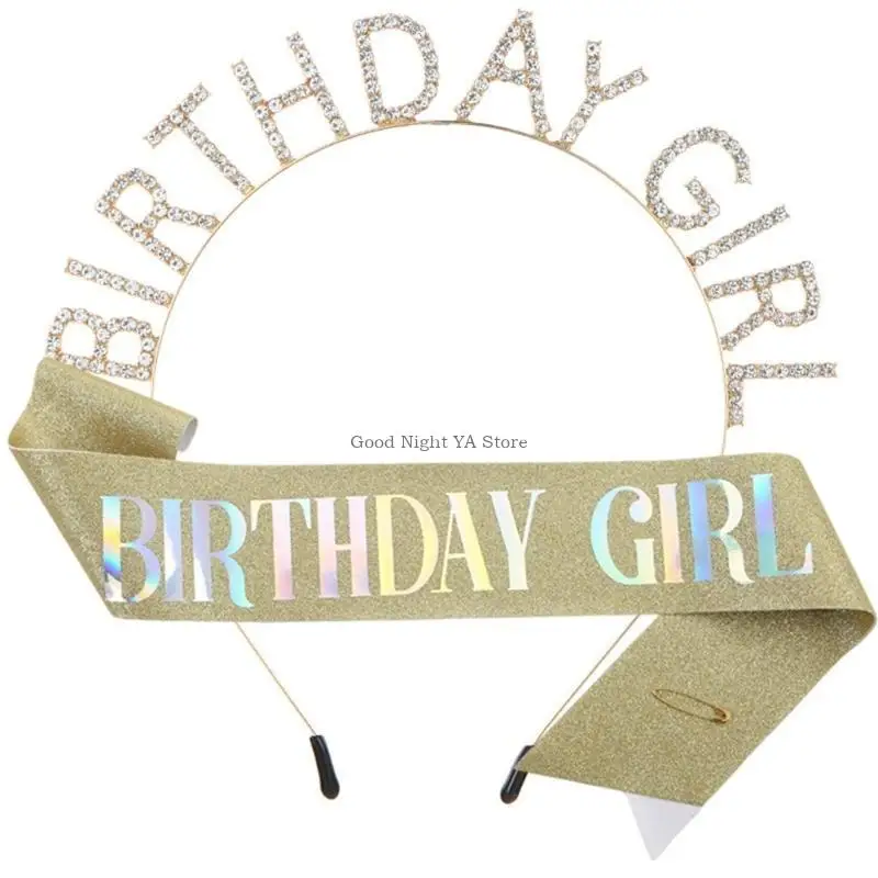 반짝이는 왕관 생일 여아 머리띠와 띠 세트 BIRTHDAY GIRL 라인스톤