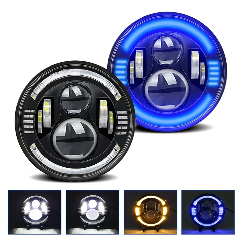 7In Round LED Halo Headlights With Hi/Low Beam Amber/Blue LED Head Light Lamp Offroad Light Angle Eyes For Wrangler JK