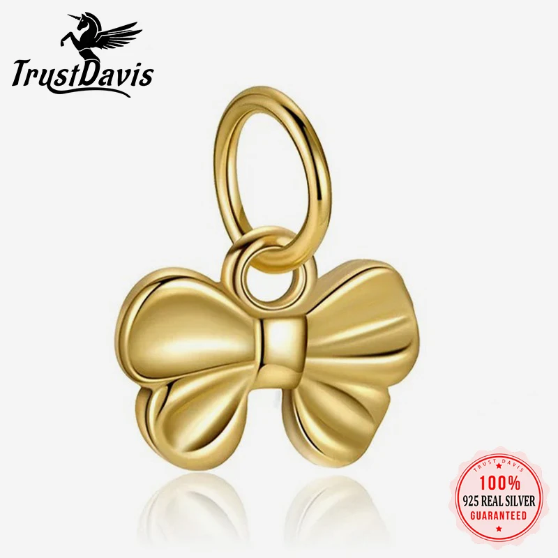 TrustDavis S925 Sterling Silver Cute Bowknot Bracelet Pendant for Women DIY Jewelry Gold Plating Birthday Gift Homemade DZ828