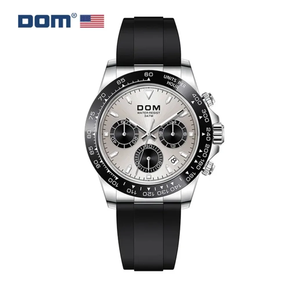 DOM-Reloj de cuarzo multifunción para Hombre, cronógrafo de pulsera con fecha automática, de acero inoxidable, Gel de sílice, resistente al agua, deportivo