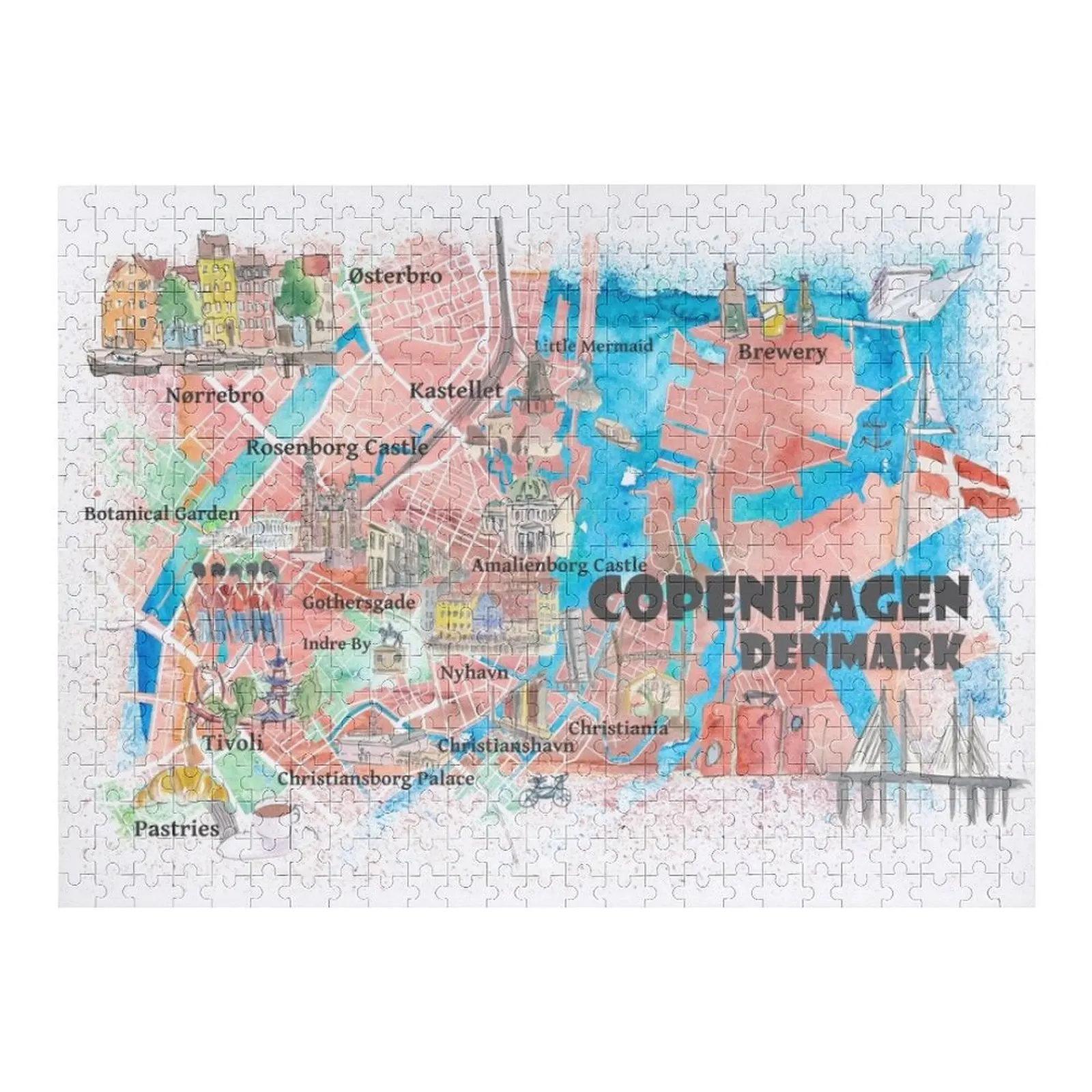 

Copenhagen Denmark Illustrated Map with Main Roads Landmarks and Highlights Jigsaw Puzzle Anime Puzzle