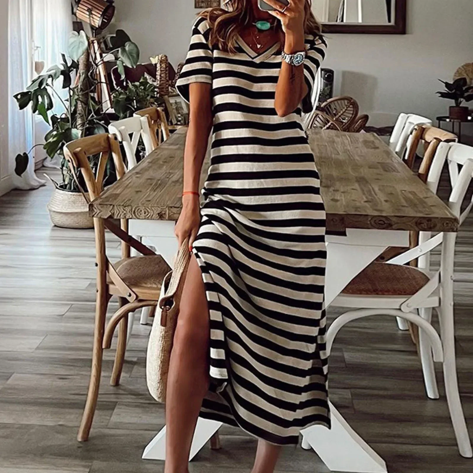 

Women Oversized Long Dress Vintage Short Sleeve Striped Maxi Split Floral Dress Casual T Shirt Dress Summer Loose Beach Sundress