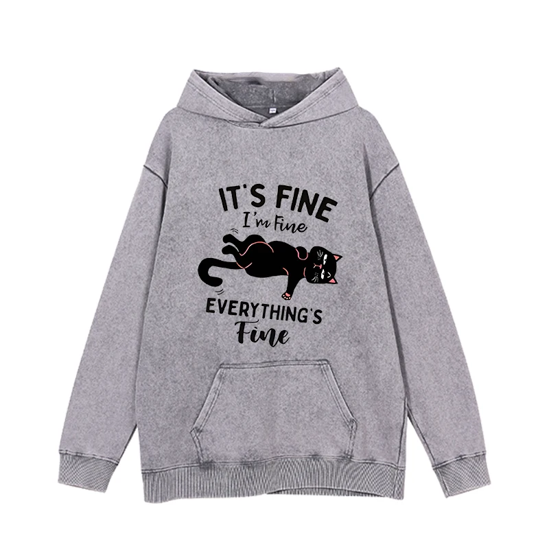 Grey hoodie women's black cat print casual women's hooded hoodie comfortable printed hooded women's casual wear