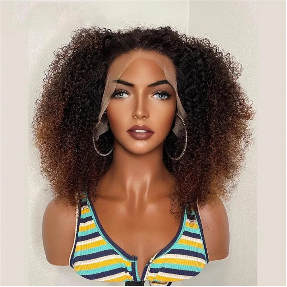 

Short Bob Soft 16Inch 180Density Ombre Brown Kinky Curly Lace Front Wig For Black Women Baby Hair Daily Preplucked Glueless