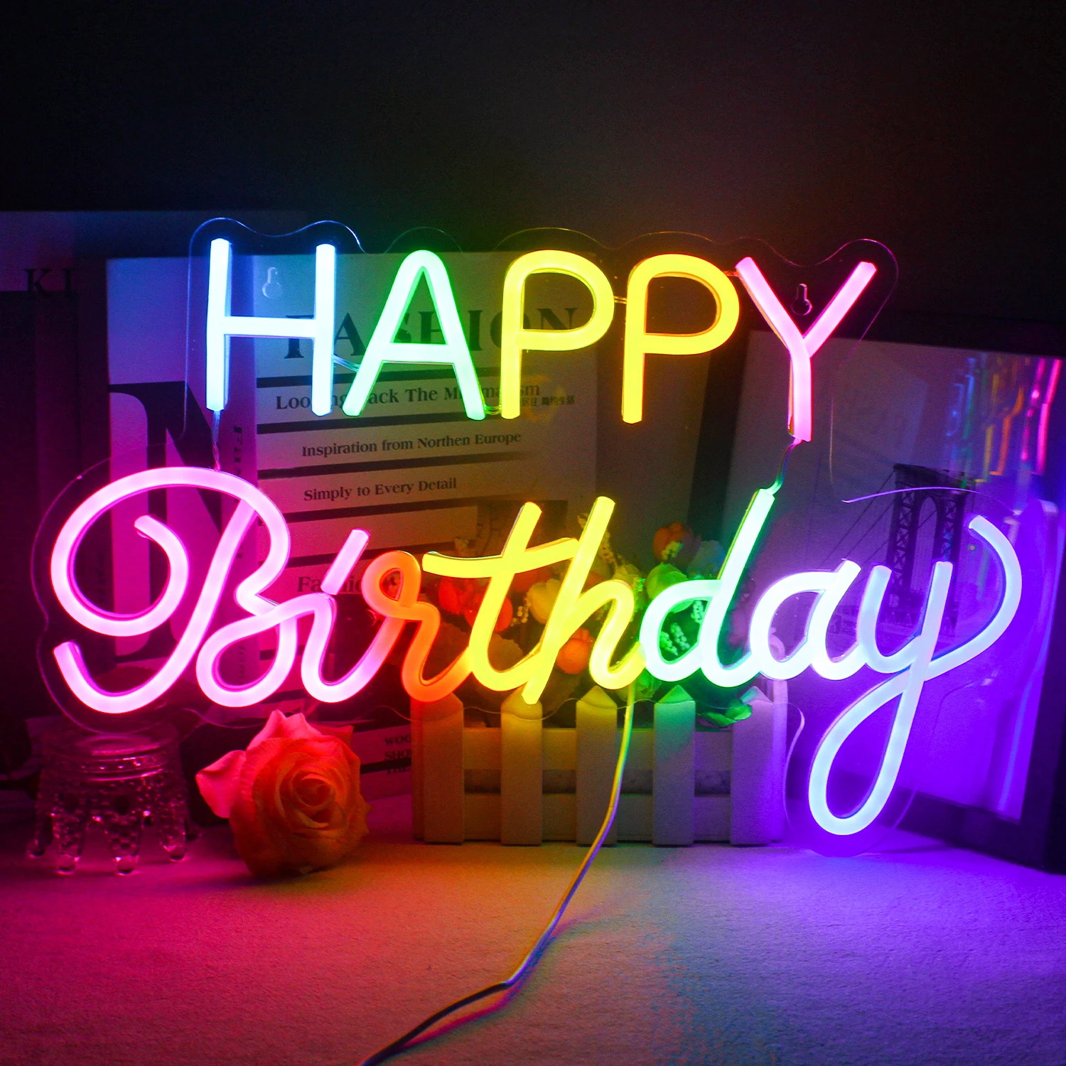 Happy Birthday Colour Neon Sign LED For Party Room Decor USB Powered Transparent Board Light Custom Lamp Home Decoration Items