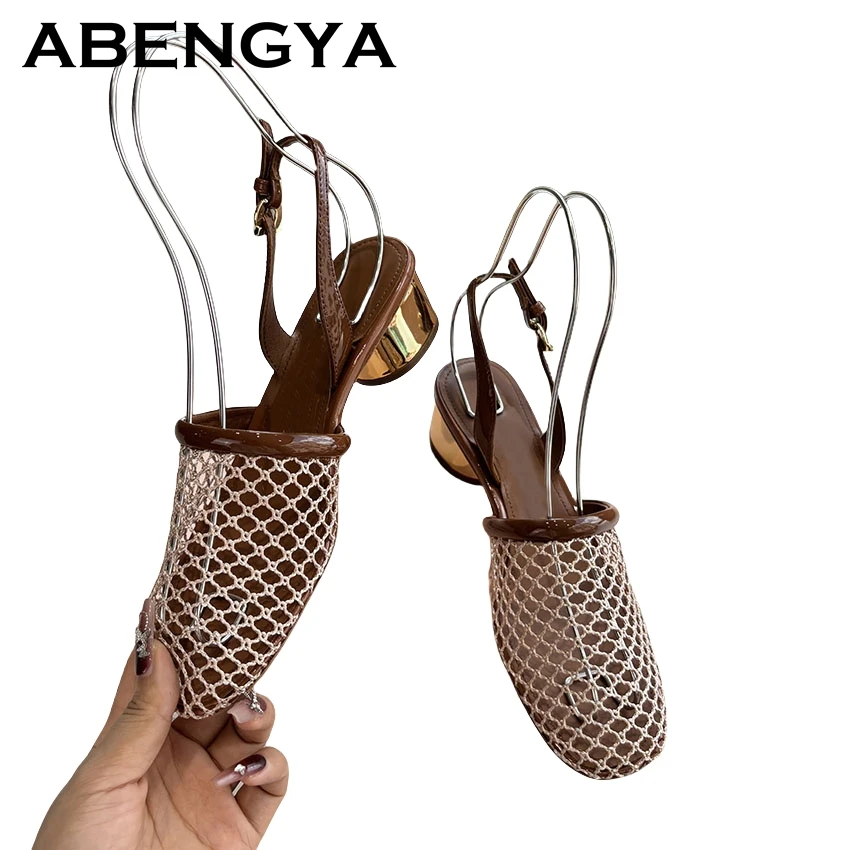 

2025 Summer Hollow Out Mesh Round Heels Sandals Women Wrap Toe Mid Heels Slingbacks Shoes Sexy Party Dress Rome Sandalias Femme