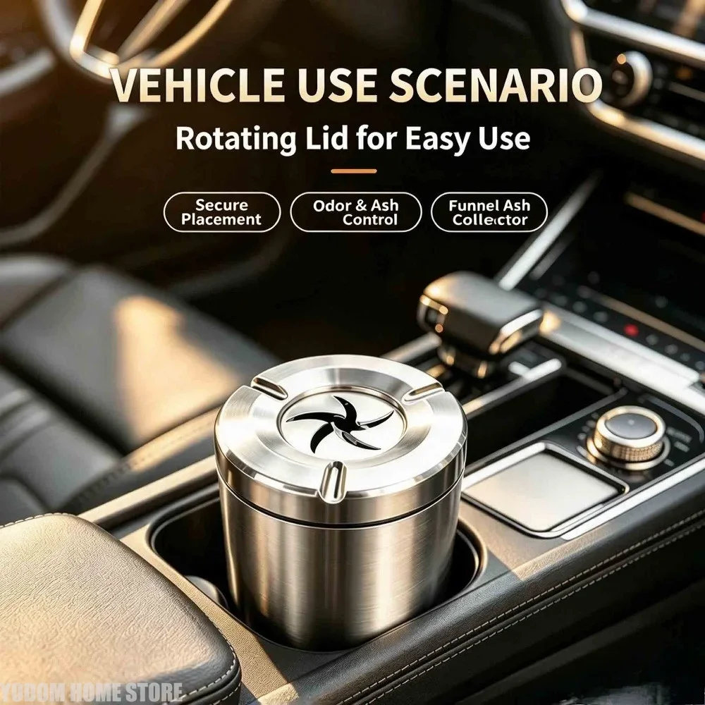 Car Interior Stainless Steel Ashtray with Alloy Liner Mechanical Rotating Hole Cover Universal Practical Smokeless